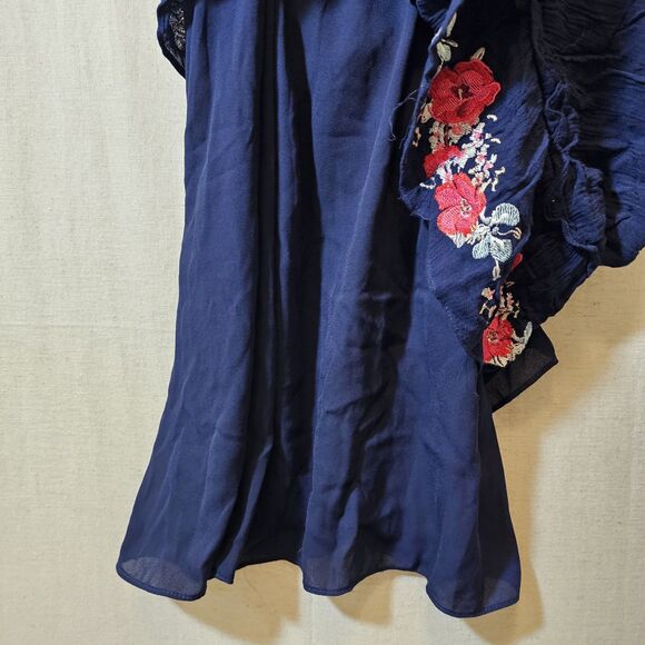 Sophie Max Navy Blue Midi Dress Red Floral Embroidery Tassels Womens Medium - Picture 6 of 10